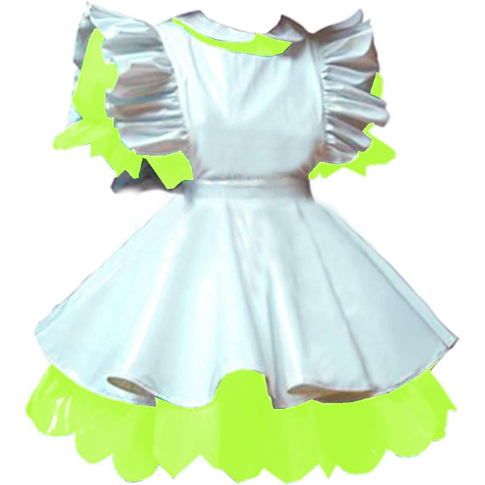 Латексне міні-плаття з PVC для жінок, ефект мокрого блиску, короткі рукава-ліхтарики, костюм служниці, фартух (XS, флуоресцентний зелений)