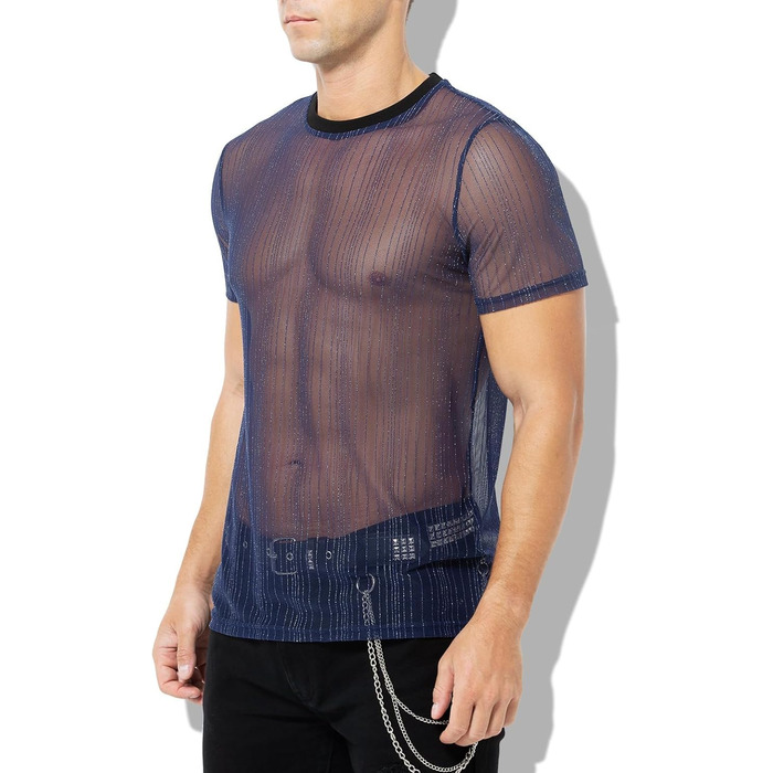 Прозора футболка Casey Kevin Herren з блискітками, короткий рукав, клубний стиль, синій (L)