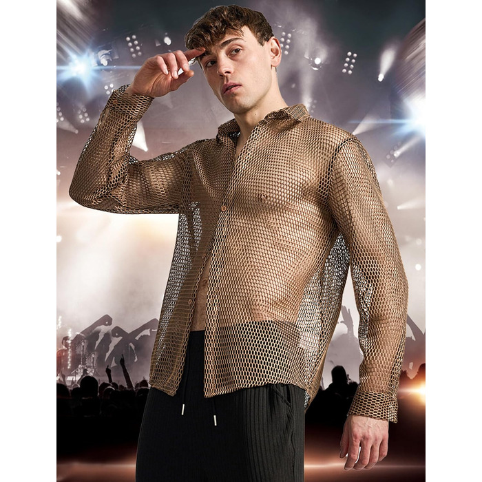 Чоловіча прозора сітчаста сорочка AIEOE: літня, мереживна, з довгим рукавом, для фестивалів, клубів, вечірок, костюм, коричневий