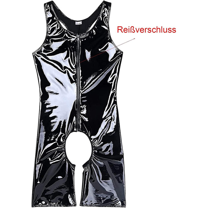 Чоловічий боді з лакованої шкіри, сексуальний, на блискавці, мокрий ефект, для вечірок, фетиш, бондтаж, чорний (XL)