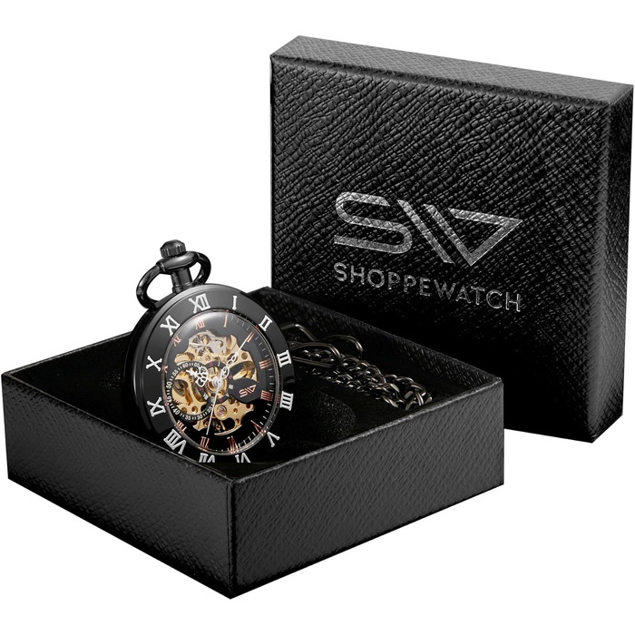 Механічний кишеньковий годинник ShoppeWatch для чоловіків з ланцюжком, ручний завод, прозорий циферблат у стилі стімпанк (чорний)
