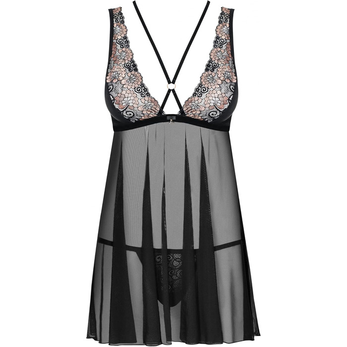 Сексуальний жіночий комплект білизни Selente Love & Fun: ніжна сорочка, боді та стрінг з мереживом (S-M, чорний з золотою мереживною вставкою)