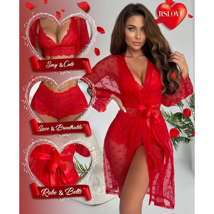 Комплект нижньої білизни RSLOVE для жінок, 3 частини: мереживний кімоно, бюстгальтер та труси, червоний, розмір M