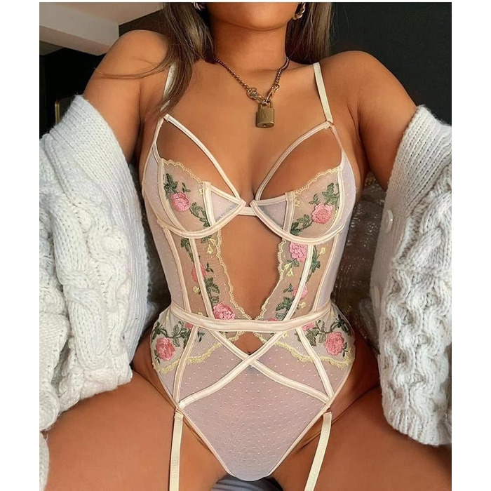 Жіночий комплект спідньої білизни: бюстгальтер, труси, боді з підтяжками, квітковий дизайн, розмір XL, колір A