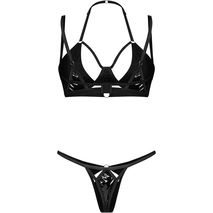 Сексуальний жіночий комплект нижньої білизни Selente Love & Fun 4-5 частин: бюстгальтер, корсетний пояс, стрінги, мереживні панчохи та шовкова маска для очей, чорний, ефект латексу, Made in EU, S-M