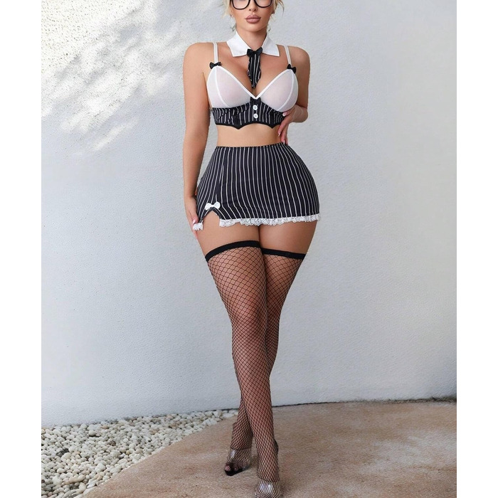 Костюм для косплею «Шкільна дівчинка»: комплект сексуальної білизни з бюстгальтером, смугастим міні-спідничкою та сітчастими панчохами. Костюм секретарки для косплею