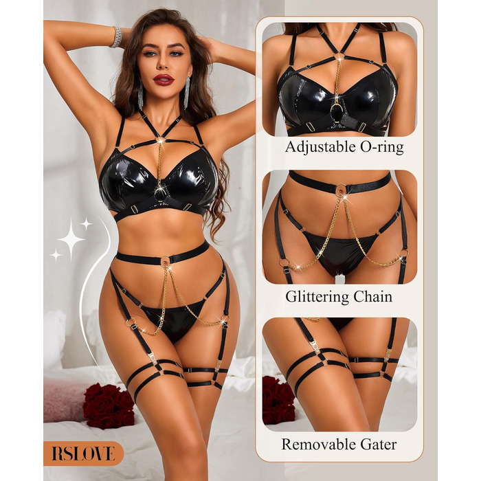 Комплект жіночої білизни RLOVE: бюстгальтер, труси та інше (6 предметів) - чорний (XXL, блискучий чорний)
