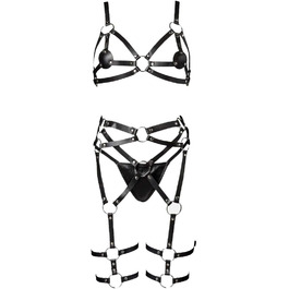 Чорний комплект еротичної білизни з велюру, 3 частини, S-M