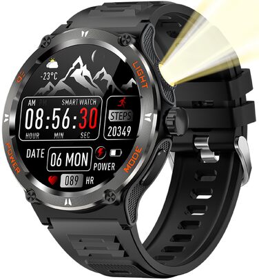 Смарт-годинник findtime Military: міцний тактичний годинник з компасом, LED-ліхтариком, функцією дзвінків та моніторингом серцебиття для Android та iOS, чорний
