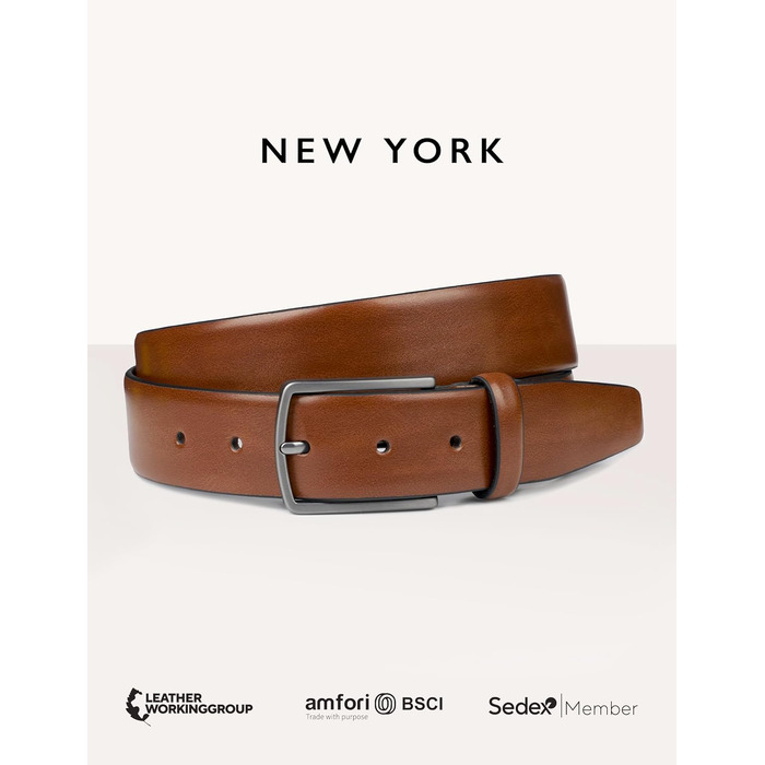 Чоловічий шкіряний ремінь FENIX NEW YORK Desert Cognac (95 см), ширина 35 мм, гіпоалергічна пряжка, регульований та екологічний, для костюма та джинсів