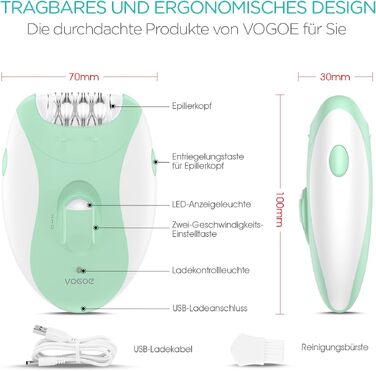 Електричний епілятор для жінок VOGOE HR110, бездротовий епілятор з 21 пінцетом, LED-підсвіткою та 2 швидкостями для ніг та рук, світло-зелений