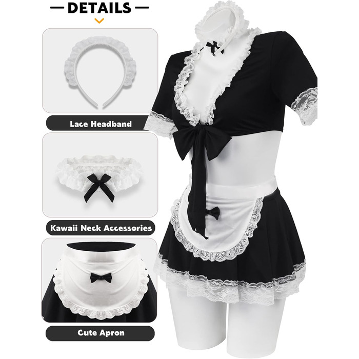 Костюм горничної для жінок: сукня з мереживним фартухом, косплей, чорний, розмір XXL-3XL