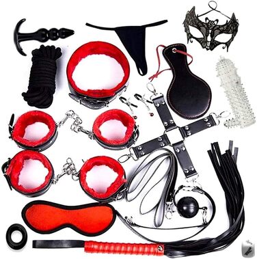 Набір для бонджа 18 предметів: фетши, наручники, маска для очей. SM-набір для початківців та досвідчених, чорний/червоний