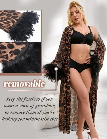 Халат жіночий сексуальний з леопардовим принтом, з пір'ям та мереживом, довгий, великі розміри, для дому, нічна сорочка, бандаж, нічна сукня, халат з поясом, XXL