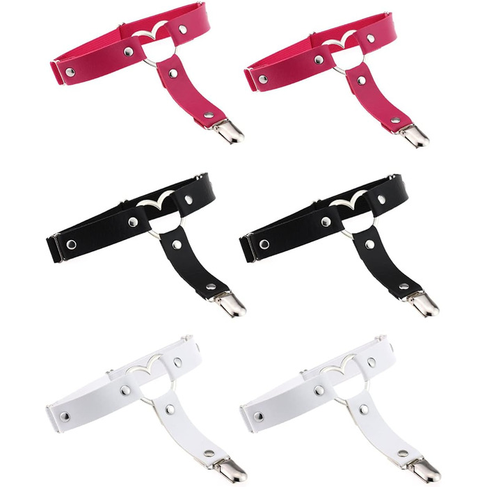 Жіночі шкіряні гетри на стегна, регульовані, з сердечками, з кліпсами, в стилі панк/готичний, для високих шкарпеток, 2 шт. чорні, 2 шт. з білою мереживом (2 шт. чорні, 2 шт. білі, 2 шт. рожеві сердечка)