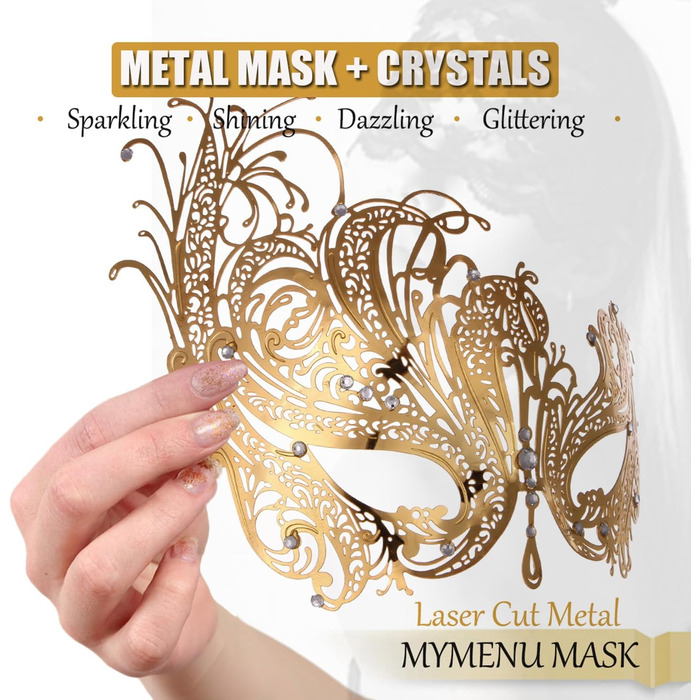 Маска для обличчя MYMENU для пар, жінок, металева, з стразами, венеціанська, для вечірок, весілля, балу (Золотий Фенікс + Чорне мереживо)