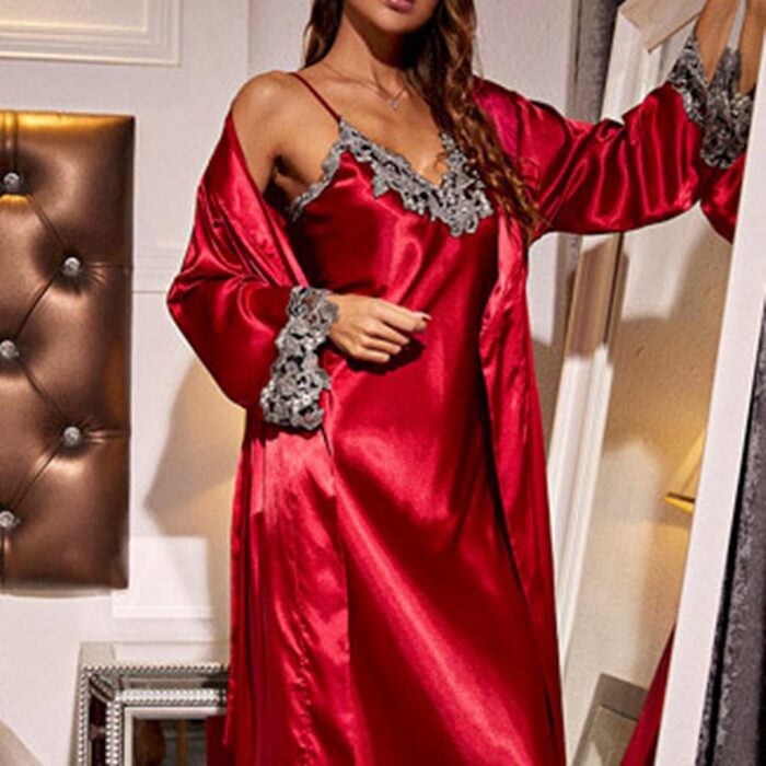 MILAX Комплект жіночої ніжної піжами з мереживом: нічна сорочка, халат, babydoll, халат-кімоно, червоний, XL