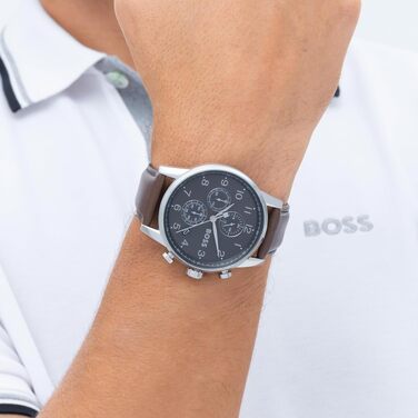 Чоловічий годинник BOSS Navigator Chronograph Quartz зі сталевим міллезаїм ремінцем або шкіряним ремінцем, Коричневий/Сірий