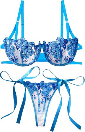 AEAU Комплект спідньої білизни: мереживний бюстгальтер та танга, прозорий, push-up, мереживний, квітковий, S-XL (блакитний, M)