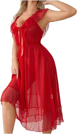 Екзотична нічна сорочка Exy Deou для жінок: прозора, з V-подібним вирізом, на бретелях, відкрита спина. Ідеальна для вечірки, Косплею, Дня святого Валентина та еротичних вечірок. Червоний колір.