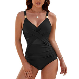 Чорний купальник для жінок з ефектом корекції фігури, моделювання живота, з воланами, виріз V-подібний, з вирізами, сексуальний, сітчатий, з чашками, XL