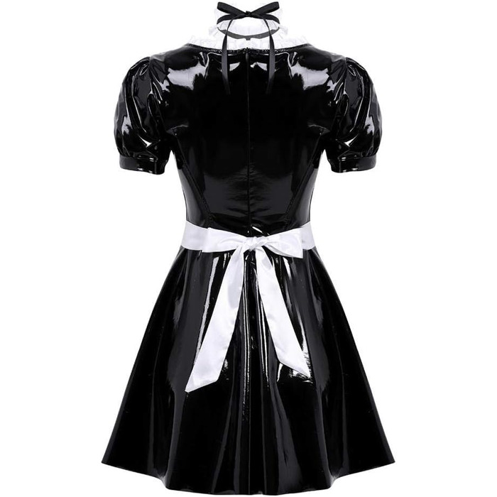 Костюм горничної з мереживом для дорослих: сексуальна клубна сукня з мереживом, шкіра, A-силует, чорний, з шортиками та головним убором