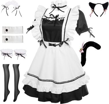 Костюм французької служниці YONABTF: сукня, фартух, хвіст, вушка, шкарпетки, комплект, 3XL, чорно-білий