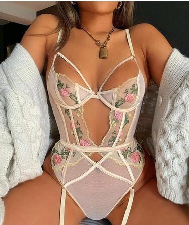 Жіночий комплект спідньої білизни: бюстгальтер, труси, боді з підтяжками, квітковий дизайн, розмір XL, колір A