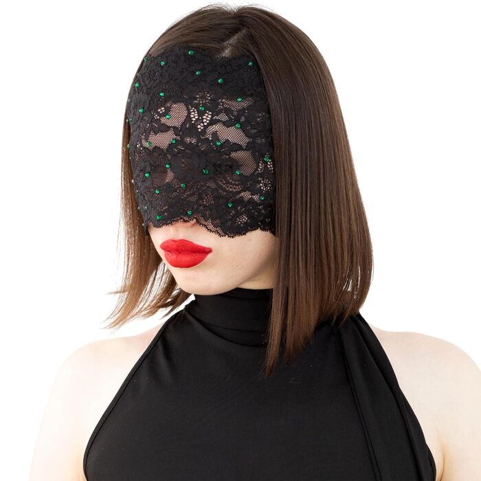 Маска для обличчя з мережива з чорного кольору з зеленими стразами, еластична мережива, атласна стрічка, маскарадний костюм чорного кольору (зелені стрази)