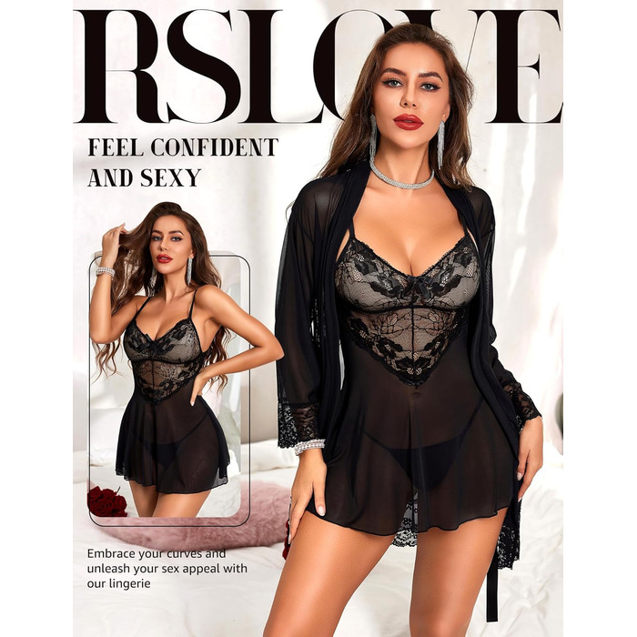 Комплект спідньої білизни RSLOVE: мереживний кімоно, бюстгальтер та труси (3 частини), чорний
