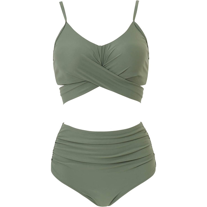 Бікіні JFAN з рюшами, пов'язка на спині, висока талія, топ з пуш-ап, комплект 2 шт. (Армійний зелений, XL)
