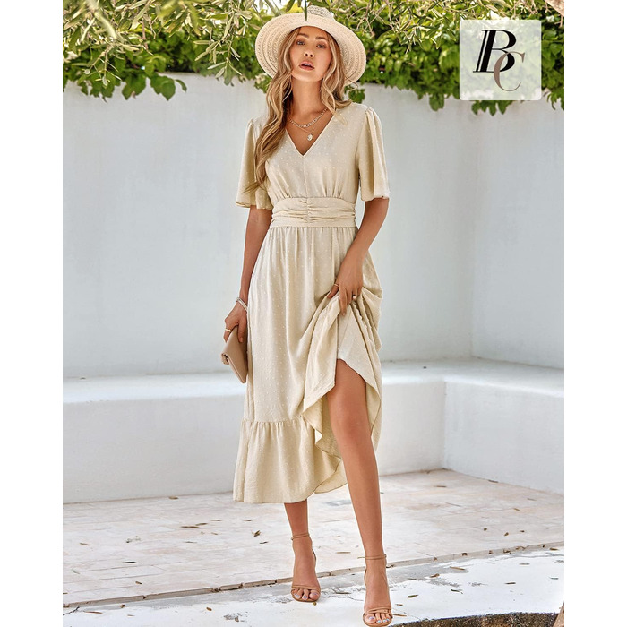 Сукня літня жіноча BebreezChic Boho максі, бежева, з V-поглибленням та квітковим принтом, висока талія, швейцарська сітка