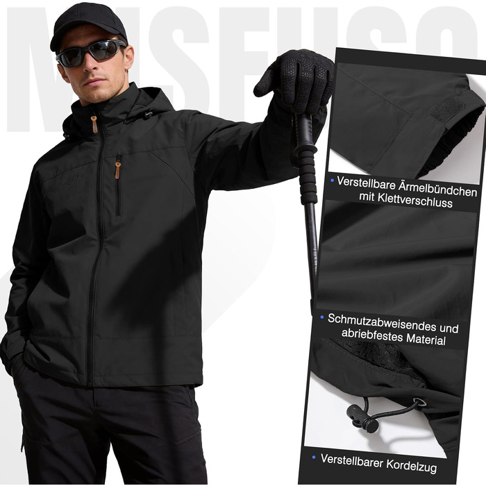 Чоловіча куртка Softshell чорна: легка вітрівка та дощовик для спорту, кемпінгу та активного відпочинку, дихаюча функціональна куртка зі знімним капюшоном, розмір S