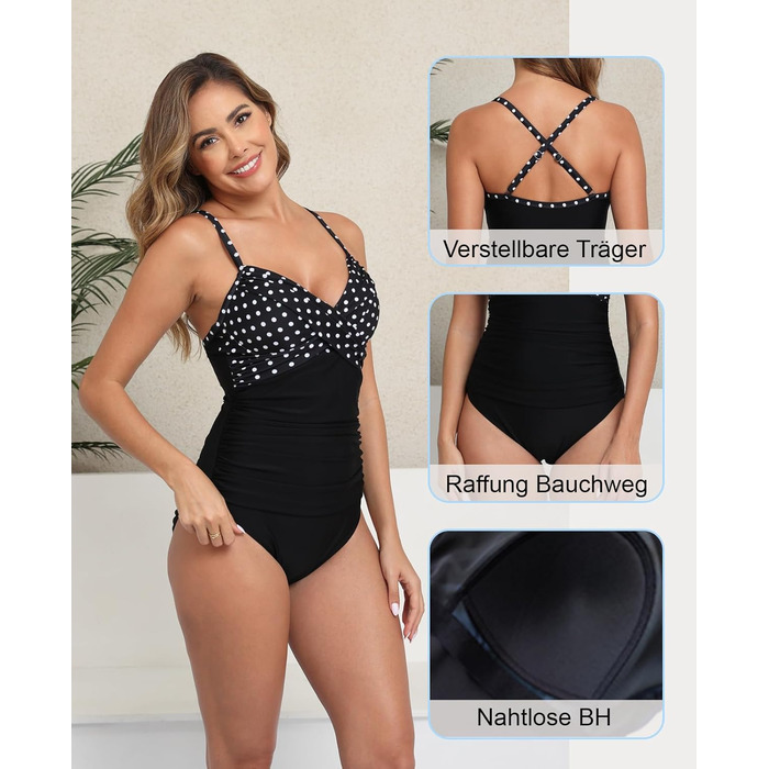 Купальник жіночий Halcurt з животом, з чашками, з драпіруванням, суцільний, з V-подібним вирізом, чорний у горошок, S-XXL