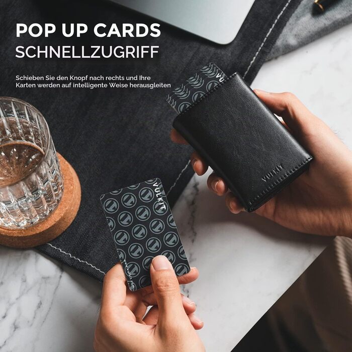 Шкіряний гаманець-картхолдер VULKIT з RFID-захистом, pop-up системою, відділенням для купюр та вікном для ID-картки, чорний