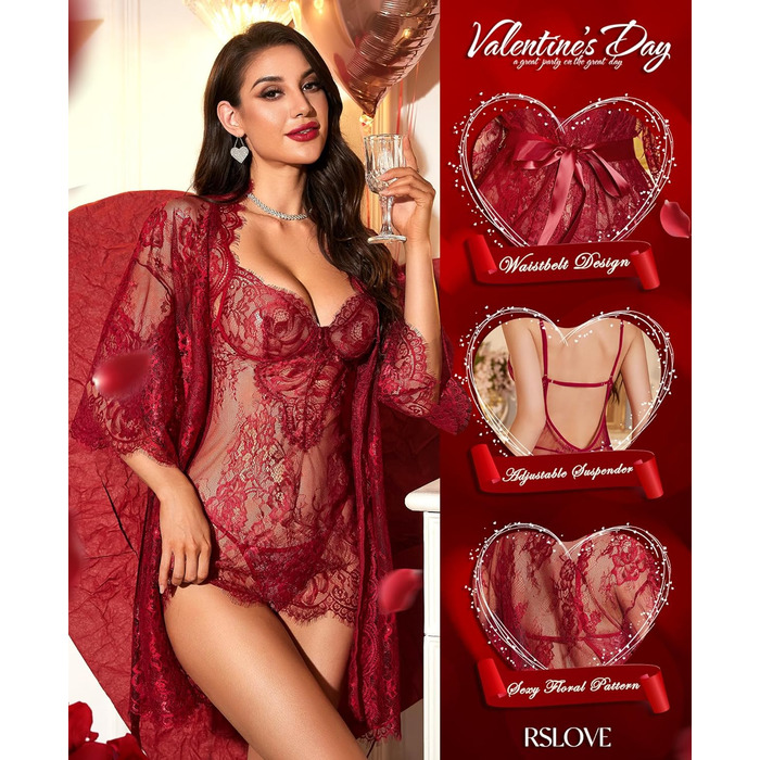 RSLOVE Комплект нижньої білизни для жінок: мереживний комплект з квітковим принтом, 3-частинний (Т-розріз), нічна сорочка, халат, розмір M, бордовий