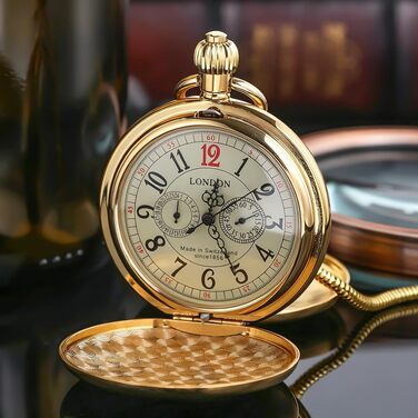 Скелетон годинник кишеньковий Tiong Vintage Steampunk з ланцюжком, механічний золотистий годинник з римськими цифрами в подарунковій коробці