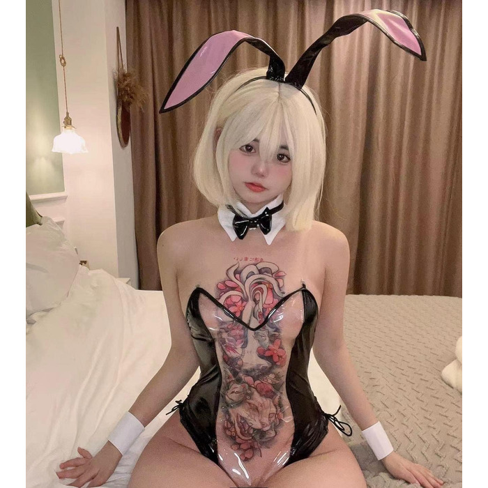 Костюм Зайчика для Дівчат JasmyGirls: Косплей, Рав, Карнавал, Хелловін. Прозорий шкіряний боді (Чорний, X-Small - Medium)