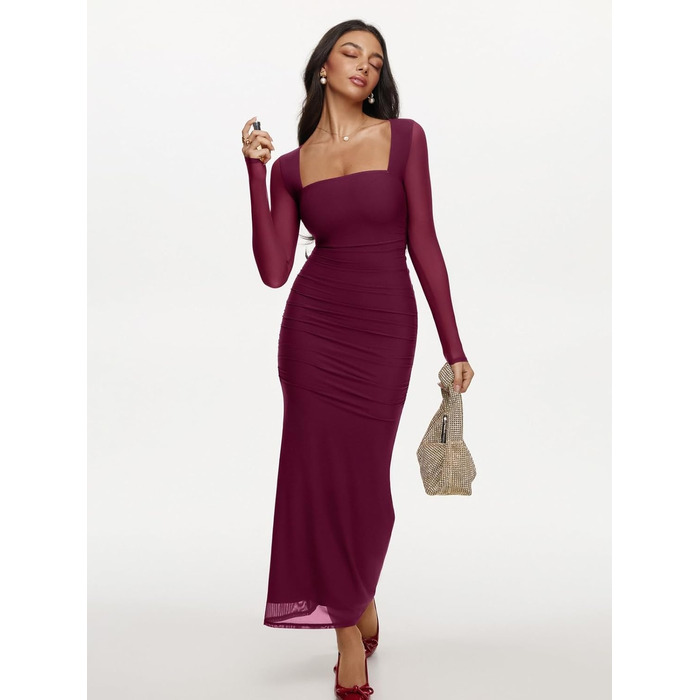 REORIA Макі сукня для жінок з довгими рукавами для гостей на весілля. Прозора сітчаста тканина, квадратний виріз, обтягуючий силует. (Кордован, XS)