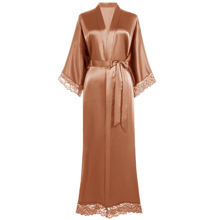 Халат жіночий довгий/короткий однотонний з мереживом, атласний, стиль кімоно, халат для дому, літній, універсальний розмір (карамель)