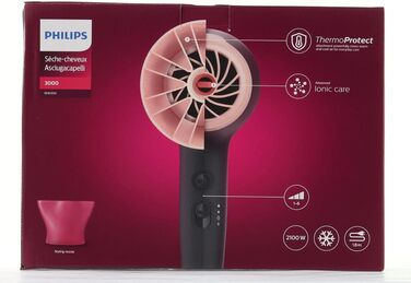 Фен для волосся Philips Series 3000 BHD350/10 з функцією іонізації та ThermoProtect, 2100 Вт, 6 режимів температури та швидкості, чорний