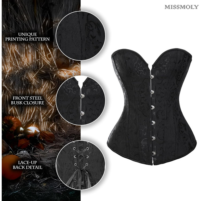Корсет жіночий Miss Moly вінтажний, повний бюст, класичні кольори, мереживо, бант, з принтом G-string, чорний