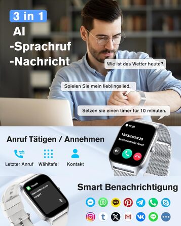 Смарт-годинник KALINCO для чоловіків та жінок: Bluetooth-дзвінки, вимірювання тиску, пульсу, SpO2, стресу, 100+ спортивних режимів, аналіз сну, сумісність з iOS та Android (Milano Срібний + Білий)