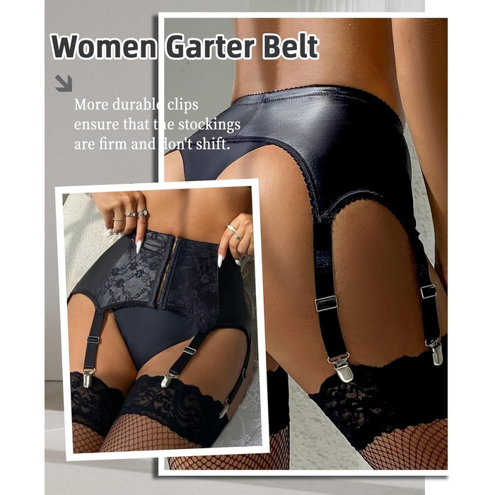 Чорний корсетний пояс-стрінг з штучної шкіри з мереживом. Комплект стрінги, стрінг-гуртки, шкарпеткові підтяжки. Великі розміри.