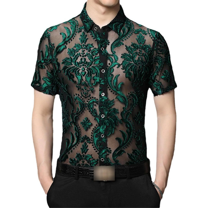 Прозора чоловіча сорочка з квітковою вишивкою EN8 7713 | Сексі сорочка з мереживом для вечірок