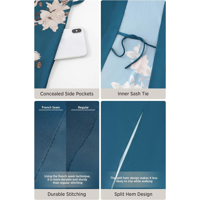 Babeyond Халат кімоно, довгий, квітковий принт, сатин, нічна сорочка, шовковий халат для вечірок, універсальний розмір, темно-зелений