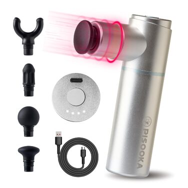 Міні-перкусійний масажер PISOOKA X Mini Massage Gun (66W) — компактний та легкий (350г) масажний пістолет для глибокого масажу м'язів, шиї та спини, 4 насадки, USB-C, сріблястий