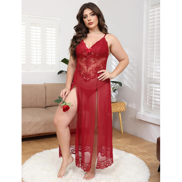 Ідеальна нічна сорочка IBAKOM Dessous з мереживом, V-подібний виріз, нічна сорочка-бабідол з розрізом, великі розміри (червоний, XXL)