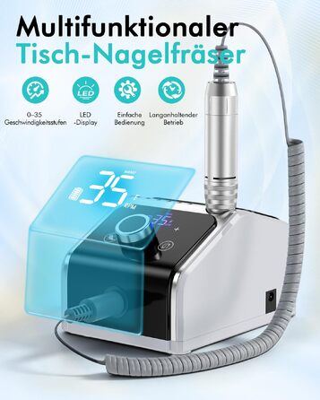 Професійний електричний апарат для манікюру та педикюру CozyZen 35 000 об/хв з LCD-дисплеєм, ручною та ножною педаллю, для акрилу, гелю та натуральних нігтів (Білий)