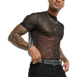 Чоловіча футболка з паєтками, мереживо, прозора, чорна - для вечірок та клубів